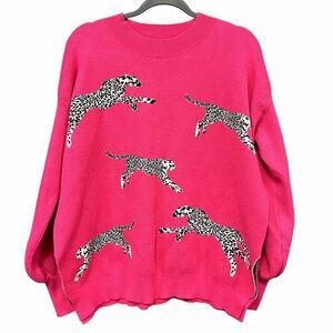 She + Sky Fuchsia Sweater cheetah Leopard Design oversized women’s small